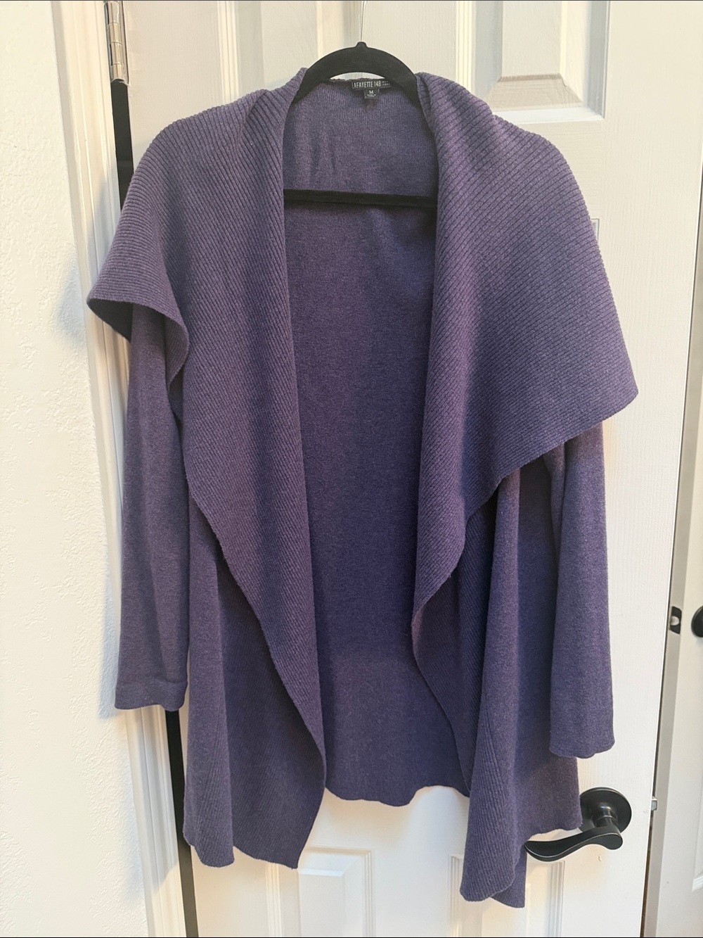 Merino Wool cardigan, Lafayette 148 New York open-front waterfall sweater plum
